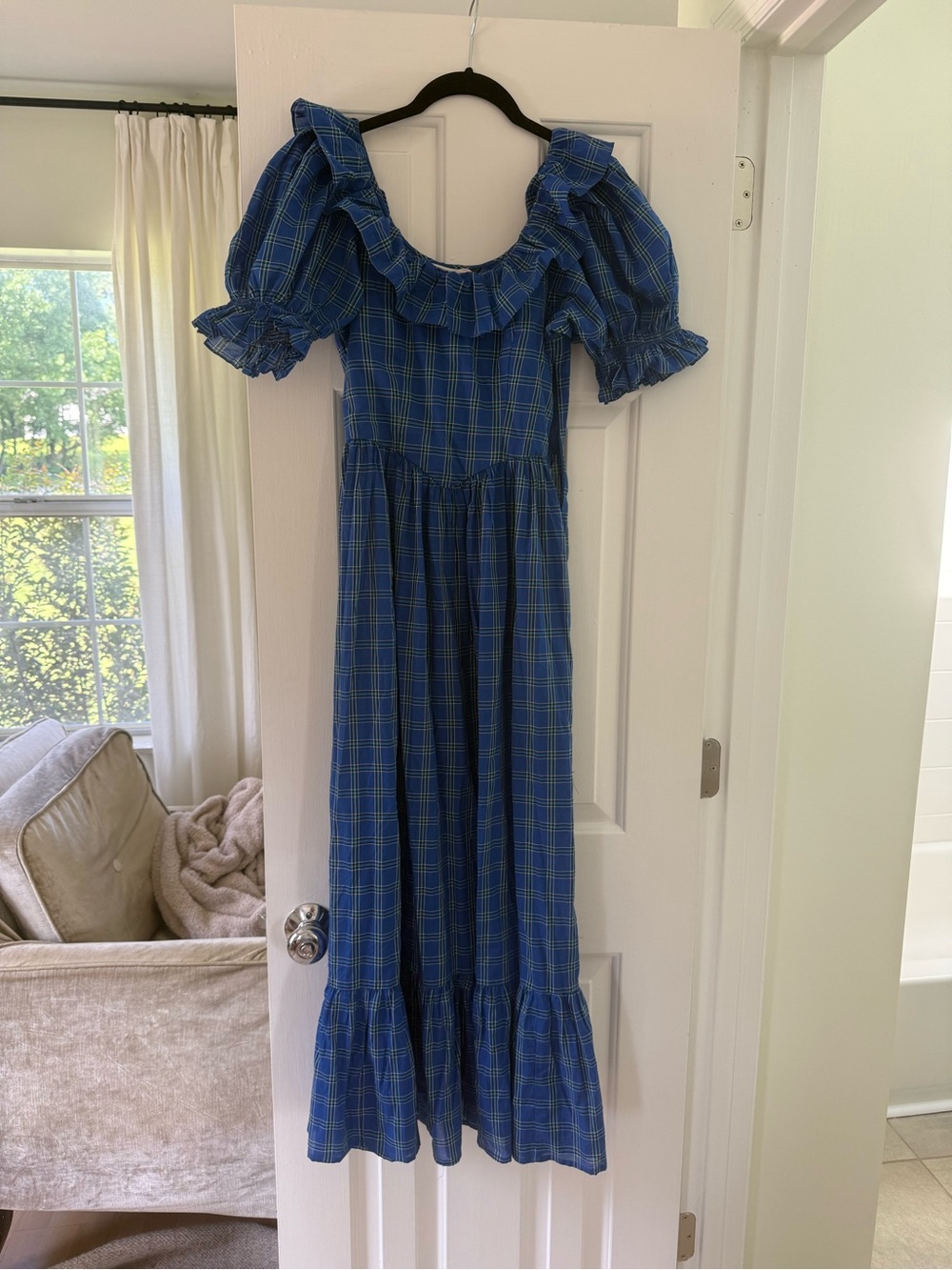Doen Blue Plaid Maxi Dress with Ruffle Yoke